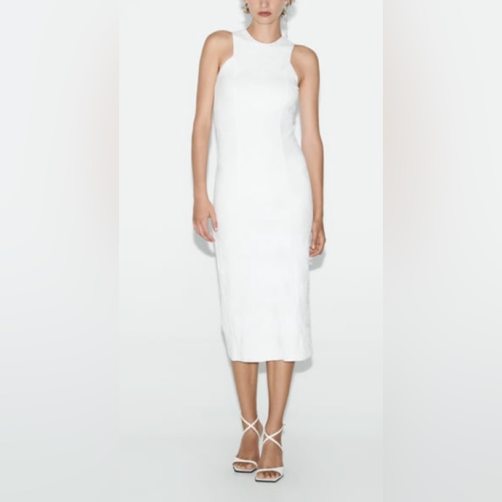 Zara White Fitted Jacquard White Dress NWT